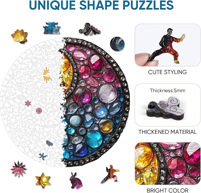 Delobil Puzzles for Adults 500 Pieces, 5MM Thick Colorful Crystal Yin-yang Wooden Puzzles, Gemstones Jigsaw Puzzles for Adults and Kids, Family Game Gift 16.5 * 16.5Inch