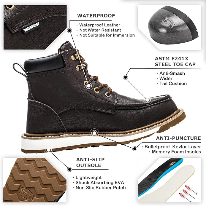 KELODON Waterproof Steel Toe Boots For Men-6" Leather Moc Toe Work Boots Mens Steel Toe Shoes Indestructible Non Slip Resistant Construction Safety Boot