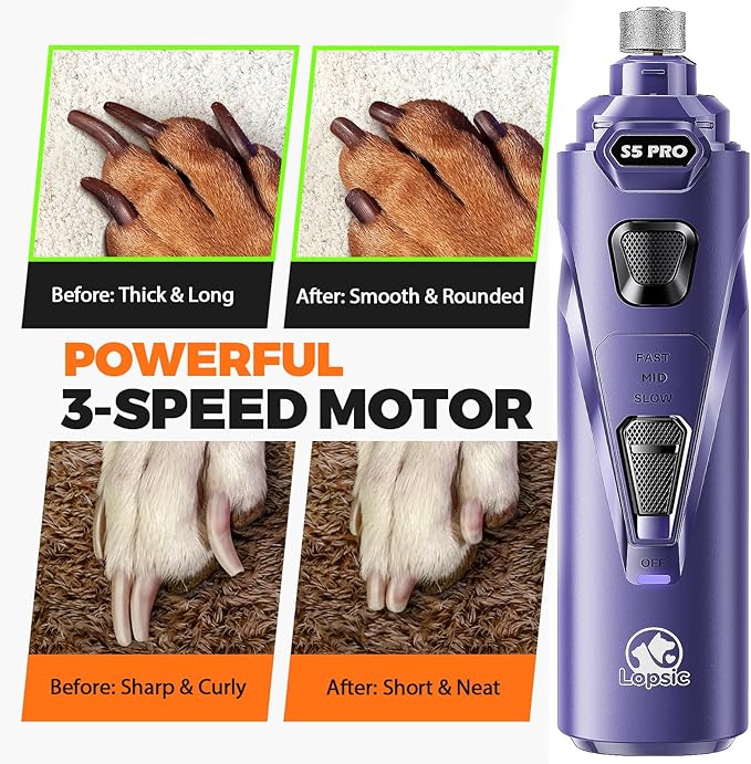 Whisper Quiet Dog Nail Grinder with 4 LED Lights, Safe & Stress-Free for Sensitive Dogs Cats of All Breeds & Sizes, 3 Grinding Bits, 3-Speed, Pet Nail Trimmers, Rechargeable Painless Grooming Kit Blue