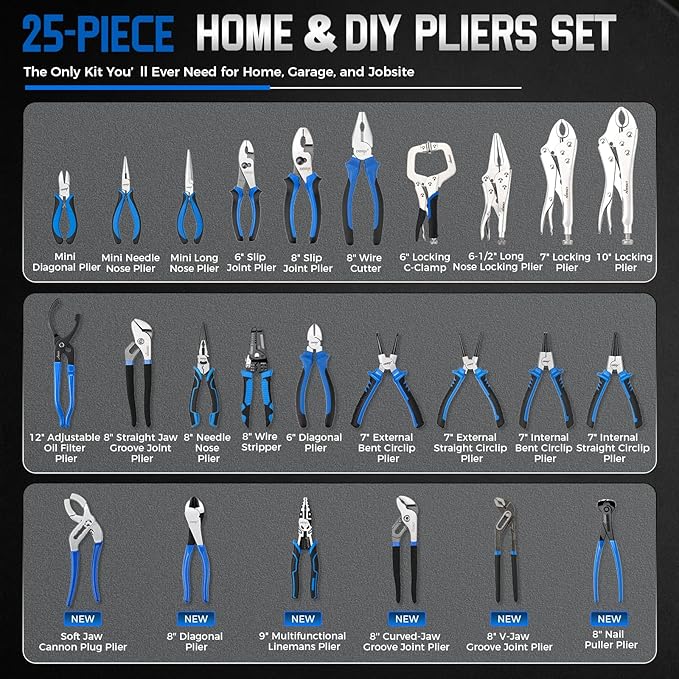 DISEN Pliers Set, 25-Piece Full Assortment of Plier with EVA Storage, Versatile Pliers Tool Set Includes Groove Joint, Needle Nose, Slip Joint, Diagonal, Locking, Wire Stripper, Circlip, and C-Clamp