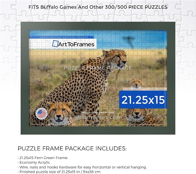 ArtToFrames Puzzle Frame for Buffalo Games 300, 500 Piece Jigsaw Puzzles, 21.25x15 Inch (54x38 cm), Fern Green Engineered Wood with Economy Acrylic, Ready to Hang Puzzle Display