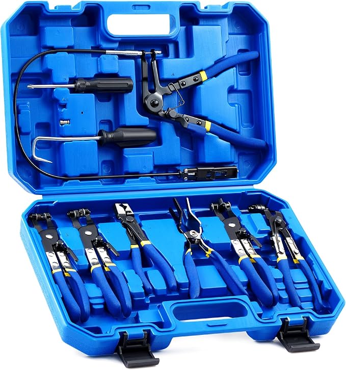 OMT 9pcs Hose Clamp Pliers for Fuel Oil & Water Hoses | Automotive Long Reach Hose Clamp Remover Kit with Flexible Wire Clic R Type Swivel Jaw Flat Band Pliers Case, Blue