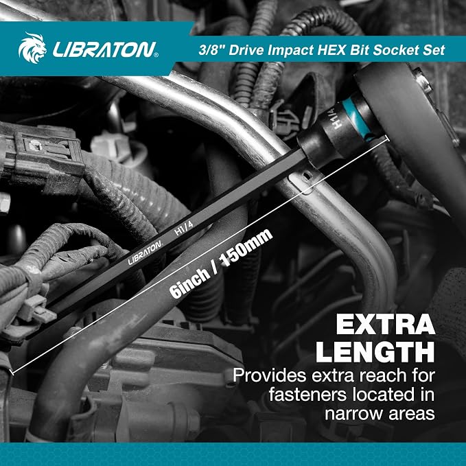 LIBRATON 3/8" Drive Long Impact Hex Bit Socket Set, Allen Bit Sockets | S2 Steel Hex Head Sockets, 20PCS Allen Wrench Socket, SAE&Metric Allen Bit Socket Set, 6" Long Allen Key Socket