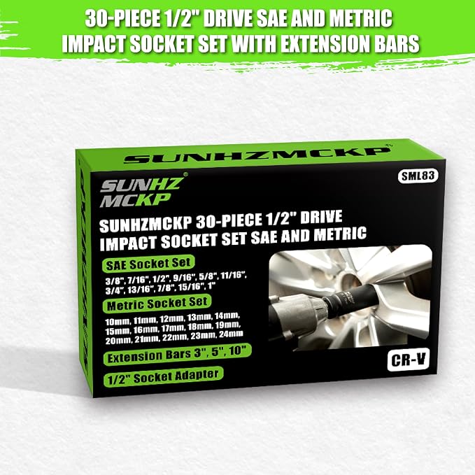 SUNHZMCKP 30-Piece 1/2" Drive Impact Socket Set, SAE (3/8"- 1") and Metric (10mm-24mm) Deep Socket Set, Including Impact Extension Bar 3 ", 5", 10" and 1/2" Socket Adapter, 6 Point Design, CR-V