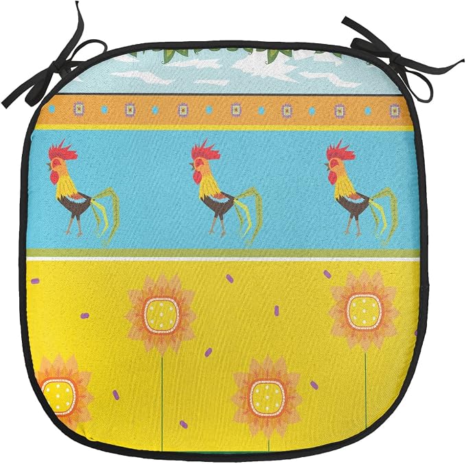 Lunarable Gallus Chair Cushion Pad, Rooster Pattern with Sunflowers Summer Greenery Sky Floating Clouds Clipart, Seat Padding for Kitchen & Patio with Anti-Slip Backing, 16"x16", Earth Yellow Blue