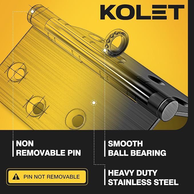 KOLET Ball Bearing Door Hinges, 4 x 4 Inches Door Hinges, Square and 5/8'' Radius Corner, Heavy Duty Stainless Steel Hinges, Smooth and Quiet, Non Removable Pin, Matte Black, 3 Pack