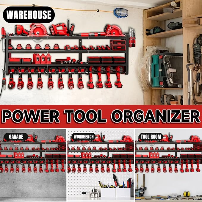 50" W Large Power Tool Organizer Wall Mount, Load 600lbs, 4 Layer Heavy Duty 12 Cordless Drills Holder, Battery Tool Storage Rack for Workbench, Workbench,Garage,Shed