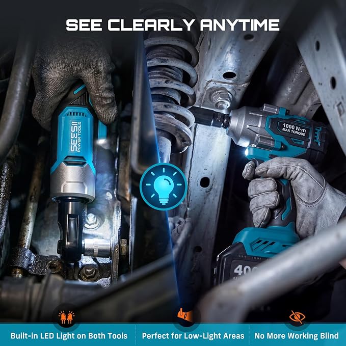 Seesii 1/2" Impact Wrench & 3/8" Ratchet Combo Kit for Auto Repair | 738 ft-lbs brushless impact gun & 60 ft-lbs ratchet, 2×4.0Ah batteries & charger, sockets & tool bag, for construction/DIY