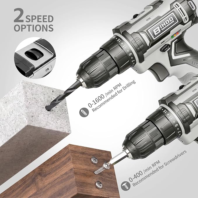 Cordless Drill Set,20V Drill Driver with Battery and Charger,3/8-Inch Keyless Chuck, Variable Speed,with Drills Bits Set,Gray