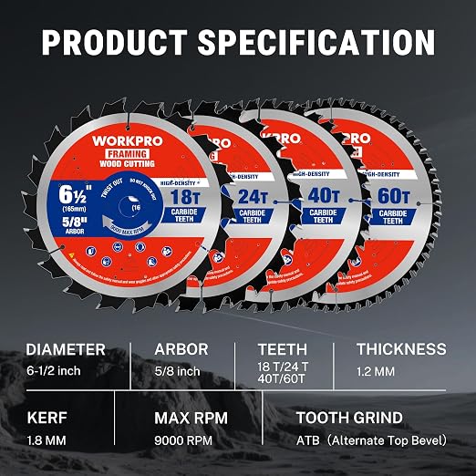 WORKPRO 6-1/2 Inch Woodworking Circular Saw Blades, 18T/24T/40T/60T All-Purpose Wood Cutting Variety, Thin Kerf, Carbide Tipped, ATB Tooth, 4-Pack
