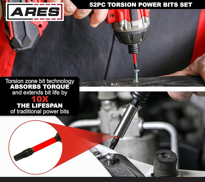 ARES 31022-52-Piece Torsion Power Bit Set with Sliding Bit Holder – Includes Standard and Reduced Philips, SAE Hex, Standard Torx, Slotted, Double-Ended Power, and Square