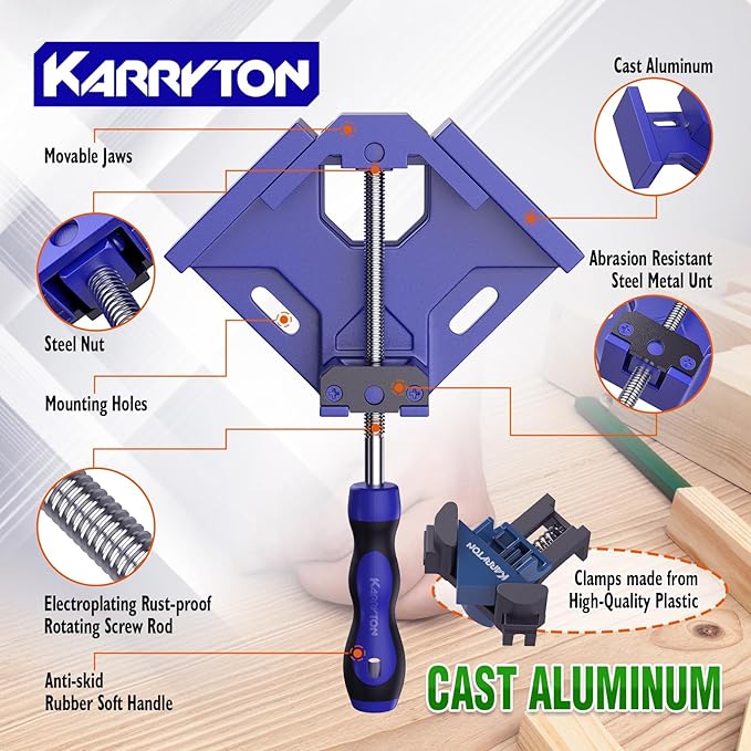 90 Degree Corner Clamp Set, 4 Pack Aluminum Alloy Swing Jaw Corner Clamps for Woodworking + 4 ABS Plastic Right Angle Clamps, Framing, Cabinet DIY
