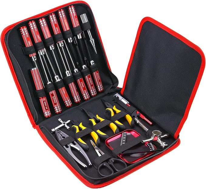 RC Car Tool Kit (27pcs), Screwdriver Set (Flat, Phillips, Hex), Pliers, Cross Wrench, Body Reamer, Stand, Polished Bar Hobby Repair Tools for Traxxas Car Quadcopter Drone Helicopter Airplane