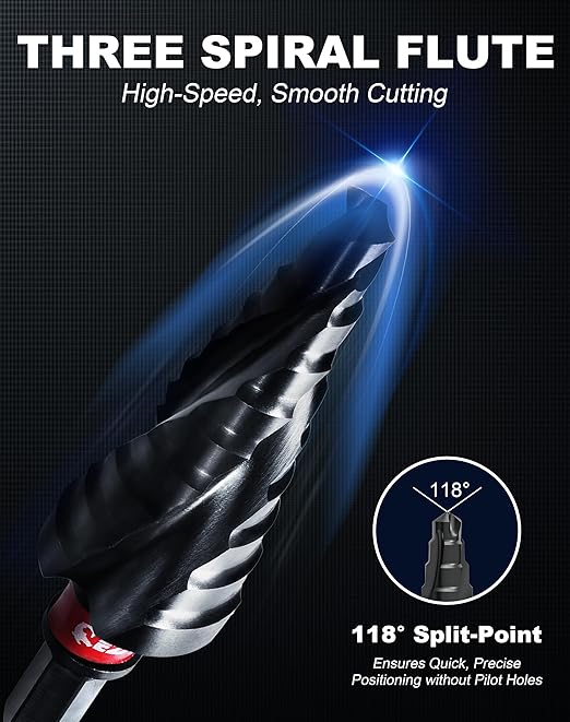 EZARC Step Drill Bit for Metal, M35 Cobalt Step Drill Spiral Flute Unibit Step Drill Bit (3/16''-7/8'') Wear-Resistant AlTiN Coated, 1/4" Hex Shank for Metal, Stainless Steel, Aluminum, Plastic