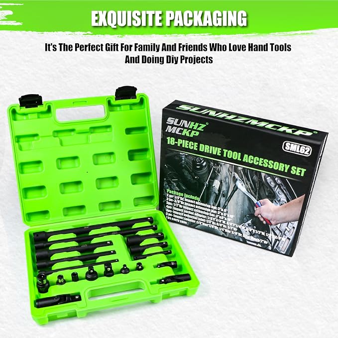 18-Piece Impact Socket Extension Set - 1/4" 3/8" 1/2" Drive Socket Extension Bars, Includes Ratchet Extension Set, Socket Adapter Set, Swivel Universal Joints & Impact Coupler, CR-V Steel