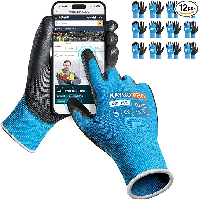 Work Gloves PU Coated for Men and Women, 12 Pairs Safety Work Gloves with Two Fingers Touchscreen, Breathable and Lightweight,Ideal for Light Warehouse, Manufacturing, Gardening, KG12P (XL, Blue)