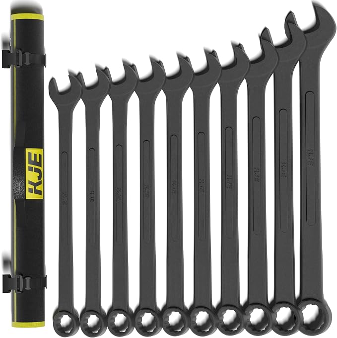 KJE 10-Piece Metric Black-Oxide Jumbo Combination Wrench Set, Open-End large Wrench, big Wrench Set, Metric Sizes 33 to 50mm for Large Vehicles