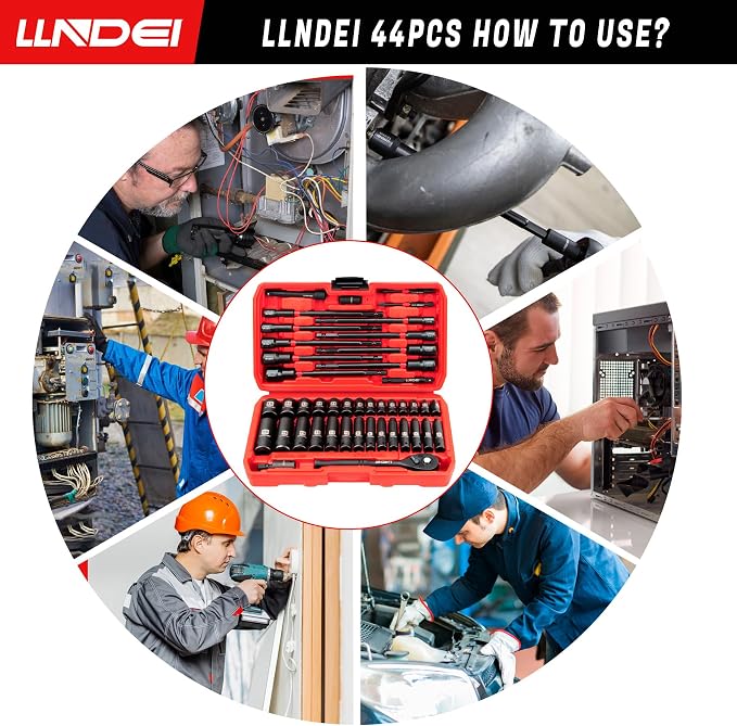1/4" Drive Socket Set Nut Driver Set with Ratchet, 44Pcs Wrench Tool Set | 1/4-Inch Sockets Deep&Shallow Metric(4-15mm), 1/4" Hex Shank 6" Long Nut Drivers(6-14mm) for Impact Drill Bits(PH1 PH2)