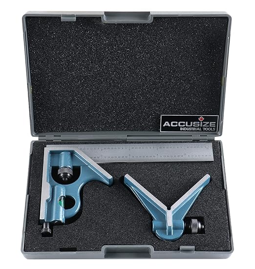 Accusize Industrial Tools 6'' 3 Pc Combination Square Ruler Set Protractor Satin, 4-R Graduation, 0000-8100 | 3 Pc Set, 4R Graduation: 8ths, 16ths, 32nds, 64ths, Satin Chrome Blade