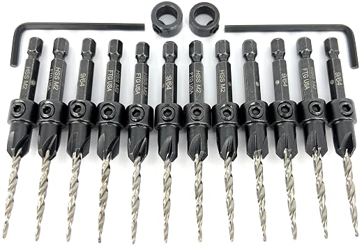 FTG USA 12 Pc #6 (9/64") Countersink Drill Bit Set with Depth Stop Collar, Hex Wrench - Tapered Drill Bits for Wood