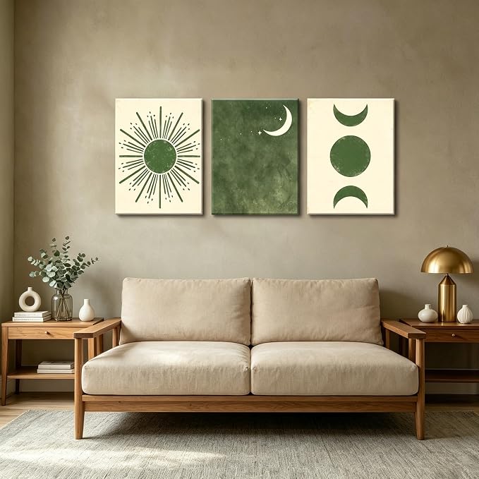 Frimeeme Boho Sun and Moon Canvas Wall Art Set of 3, Mid Century Modern Minimalist, Living Room Bedroom Decor, 12x16 Inch,Framed