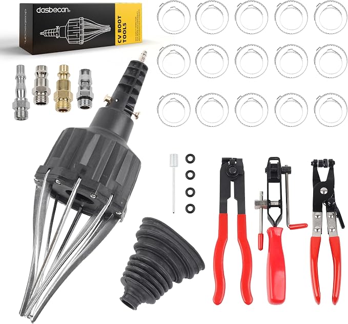Dasbecan Upgraded Pneumatic CV Boot Expander Tool, CV Boot Clamp Tool Kit | Black Universal CV Axle Boot Spreader with 3 CV Joint Boot Clamp Pliers , 1 Boot, 15 Clamps and 4 1/4" NPT Air Hose Nipple