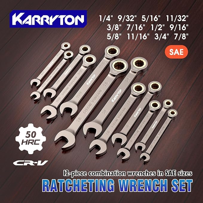 12-Piece Ratcheting Wrench Set (SAE),72 Teeth Ratchet Combination Wrenches Set with Organizer Rack,Cr-V Steel,1/4-7/8"(12PCS),Black Nickel Handle with Golden Ratchet