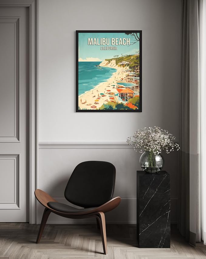 Malibu Beach California Black Framed Wall Art Print Poster, US Vintage Retro Beach Scenery Posters Prints for Restroom Home Picture Painting Artwork Gallery 219 (Malibu Beach California, 24"L x 18"W, Black Frame)
