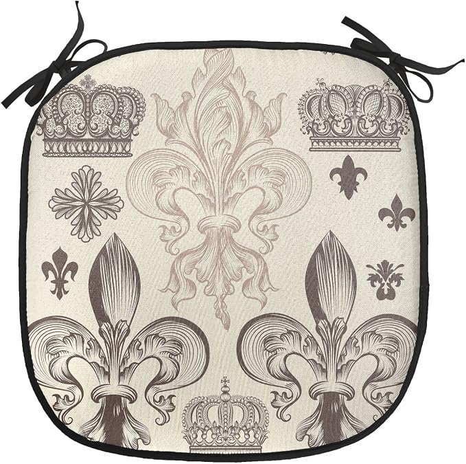 Lunarable Fleur De Lis Chair Cushion Pads Set of 8, Heraldic Pattern Royal Flower and Crowns Tiara Coat of Arms Knight, Anti-Slip Seat Padding for Kitchen & Patio, 16"x16", Beige Taupe and Ivory