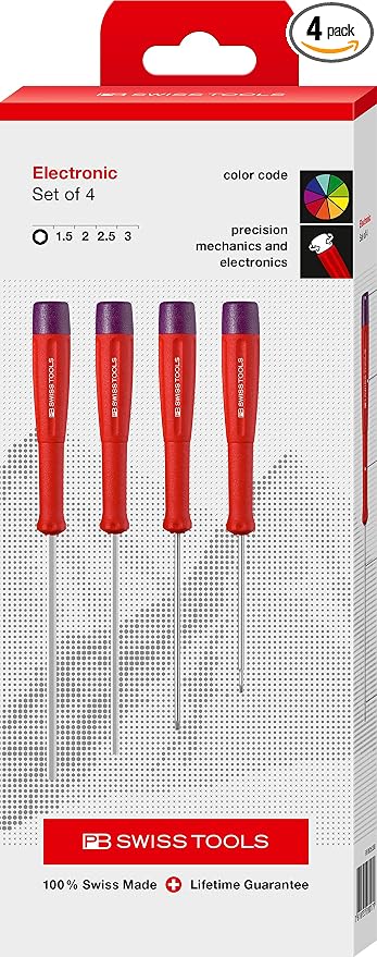 PB Swiss Tools Hex Electronic Screwdriver Set PB 8625 | 100% Swiss Made | 4-piece Electronic Screwdriver Set Size 1.5/2/2.5/3 mm for Fine Tightening and Adjustment Work