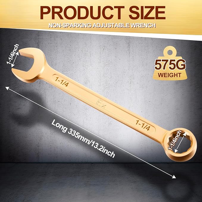 Hicarer 1-1/4" Non-sparking Combination Wrench Non-magnetic Wrench 335 mm Length Aluminum Bronze Combination Spanner for Flammable and Explosive Environment Technician Electrician Die-forged