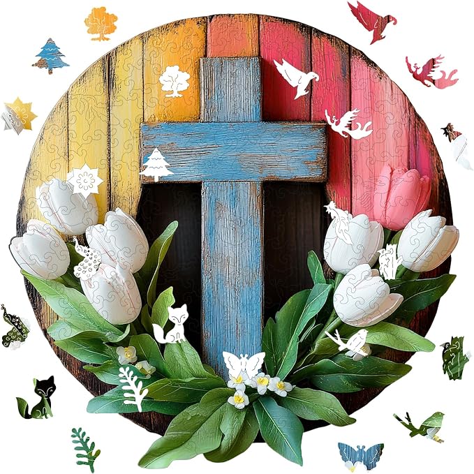 Pikoqunc Wooden Puzzles for Adults,Tulip Cross Laser-Cut Jigsaw with Premium Smooth Wood Texture,Relaxing Art Puzzle Gift for Friends and Family in Exquisite Box, 201 Pieces 11.4x11.3 Inches