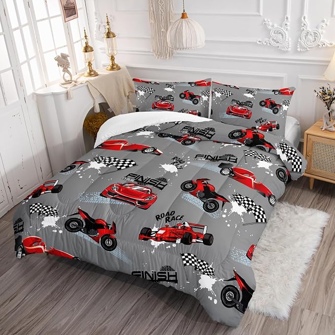 Axolotl Kids Racing Car Comforter Set King Size,Cartoon Race Car Bedding for Boys Girls Teen,Extreme Sport Bedding,Cars Racing Race Cars Quilt Bed Set with 1 Comforter 2 Pillowcases,Red Grey