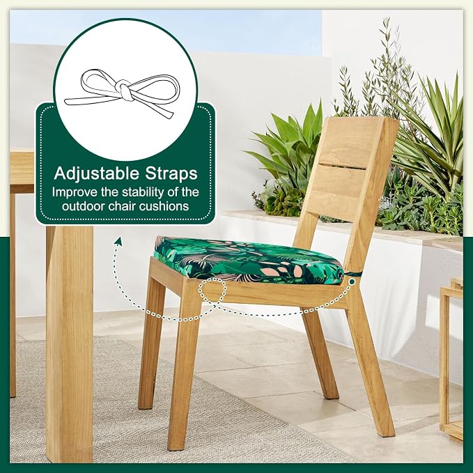 Cozyide Outdoor Chair Cushions, Waterproof Patio Seat Cushions with Adjustable Straps, Round Corner Patio Chair Cushions for Garden, Green Leaf, 17x16x2 Inch (Pack of 2)