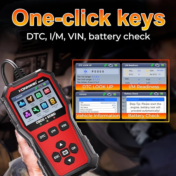 KONNWEI KW340 OBD2 Scanner Car Engine Fault Code Reader 2.8'' Color Screen Automotive Diagnostic Scan Tool with Battery Test, I/M Readiness, One‑Click DTC/VIN for All OBDII EOBD Vehicles 1996+