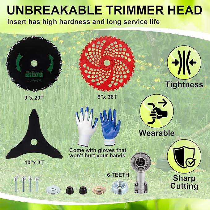 Duraaamo 7 Pcs Brush Cutter Kit Include 9" x 36T Carbide Tipped Blades, 9" x 20T and 10" x 3T Blades with Adapter Kit and Trimmer Head Replacement