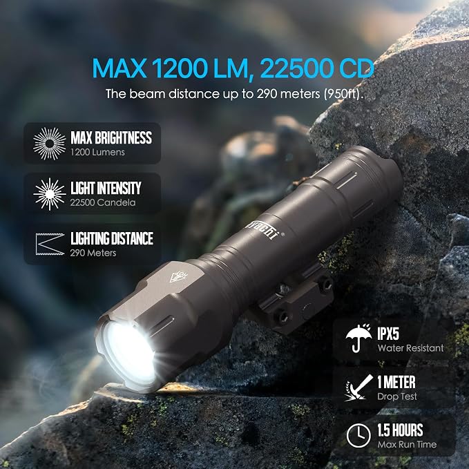 Feyachi Rifle Light 1200LM 22500Candela WL25 Tactical AR Flashlight LED Outdoor Light with Pressure Switch & Picatinny/Mlock Rail Mount, 3 Modes - High/Low/Strobe