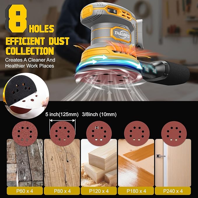 Cordless Orbital Sander Compatible For Dewalt 20V 60V, Electric Orbit Sander with Brushless 12000 RPM 6 Variable discs Speed Sander Machine With Dust Collector for Woodworking Sanding (No Battery)