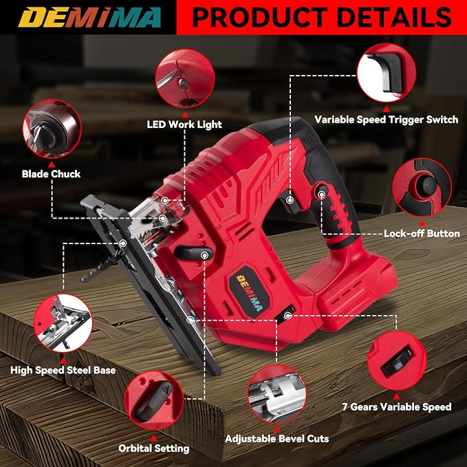 Cordless Jig Saw for Milwaukee Battery, 7 Speed Variable Up to 3200RPM, LED Light, 45° Bevel Cuts, 3 Orbital Motions, with Jig Saw Blade for Straight/Curve/Circle Cutting(Battery Not Include)