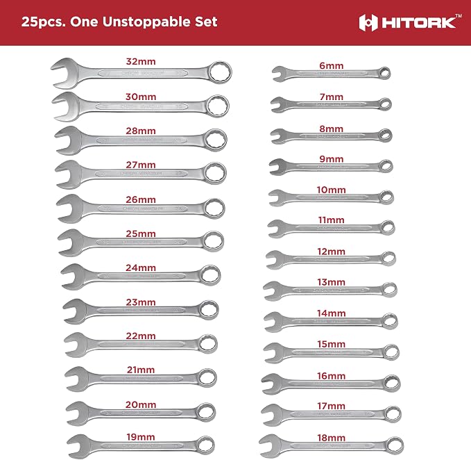 HITORK 25 Piece Metric Combination Wrench Set, 6-32 mm, 12-Point CRV Steel | Matt finish, 15° Offset box ends & organized roll up storage improve access, visibility & control for automotive repair work