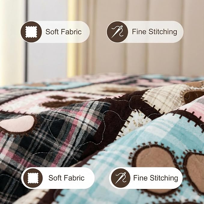 Patchwork Quilt Set King Size, Pink Dog Paw Bedspread, Soft Lightweight Microfiber Bedding Set, Farmhouse Rustic Coverlet, All Season 3 Piece (Pink Dog Paw, King(90"x104"))