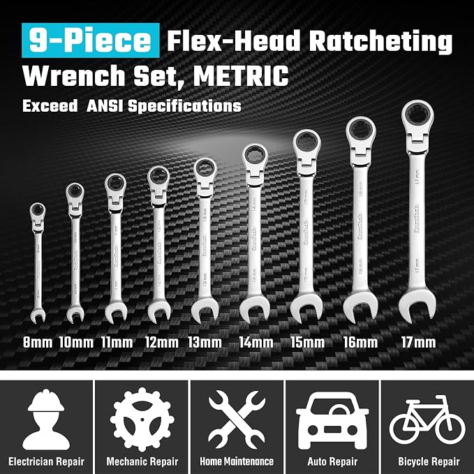 DURATECH 9-Piece Flex-Head Ratcheting Wrench Set, Metric | Combination Wrench, 72 Tooth, 8mm, 10mm, 11mm, 12mm, 13mm, 14mm, 15mm, 16mm, 17mm, CR-V Steel, with Rolling Pouch