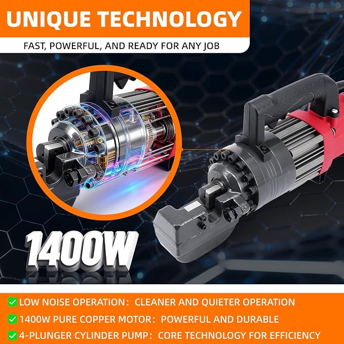 RC-22 1400W Electric Hydraulic Rebar Cutter Tool, Cuts 3/16"(5mm)–7/8"(22mm) #7 Rebar, Fast 2–3s Cutting Speed, 110V Portable Rebar Shear Machine with Pure Copper Motor and Toolbox