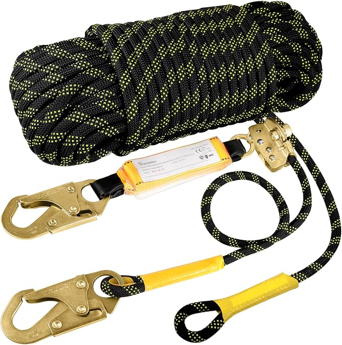 TRSMIMA Rope Harness Safety Lanyard：150ft Roofing Rope Fall Protection | Vertical Safety Harness Rope With Grab Snap Hooks Shock Absorber - Tree Climbing Line Kit Heavy Duty Safety Equipment ANSI CE