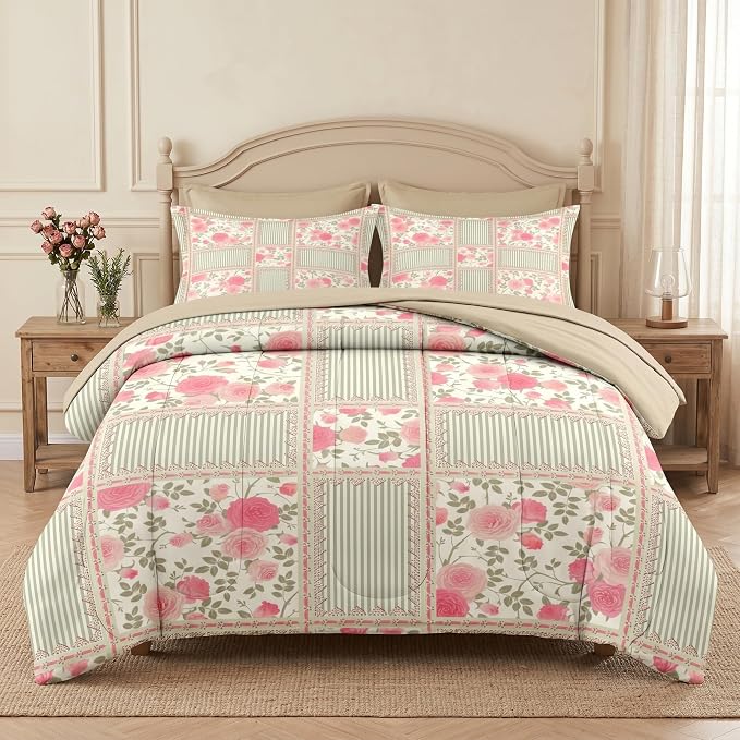 Nesker Comforter Set King Size, Floral Rose Leaves 7 Pcs Bedding for Kids and Adults, Shabby Chic Checkered Flower Bed Sheet Sets with Fitted Sheet 2 Pillowcases & 2 Shams