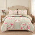 Nesker Comforter Set King Size, Floral Rose Leaves 7 Pcs Bedding for Kids and Adults, Shabby Chic Checkered Flower Bed Sheet Sets with Fitted Sheet 2 Pillowcases & 2 Shams
