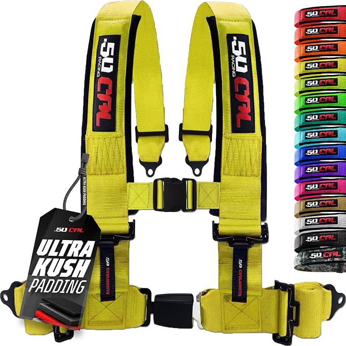1pc 50 Cal Yellow 4 Point Harness 2in Straps, Racing Harness Seat Belt | Ultra Kush padding, Push Button quick release hardware. Universal Fit for UTV, RZR, race car.