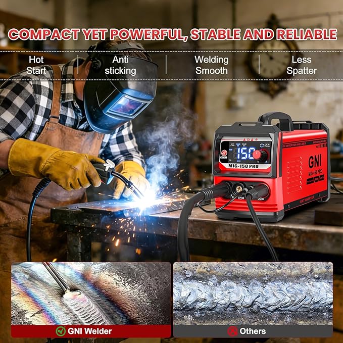 GNI Multiprocess Welder, MIG/TIG/Stick Welding Machine, IGBT Inverter Portable MINI Welder Machine 110V, Beginner-Friendly MIG Welder with Auto-Darkening Goggles, 150A Flux Core Welder for Home DIY