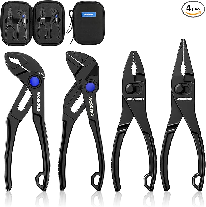WORKPRO 4-Piece Mini Pliers Set with Pouch, Includes 4-Inch Plier Wrench & Slip Joint & Water Pump Pliers & 4.5-Inch Long Nose Slip Joint Plier, Adjustable Pliers/Pocket Plier/EDC Tool Gift for Man