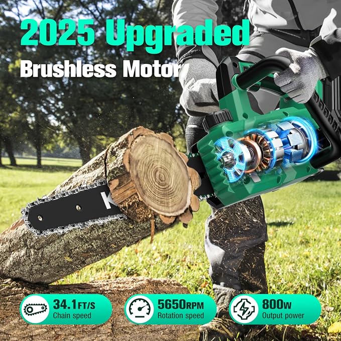 KIMO Brushless Electric Chainsaw Cordless, 4.0Ah Battery & Fast Charger, Handheld Chain Saw with Auto Oiler, Battery Powered Chainsaw Electric for Tree Trimming, 54.5 FT/S Cutting Speed, 12 INCH